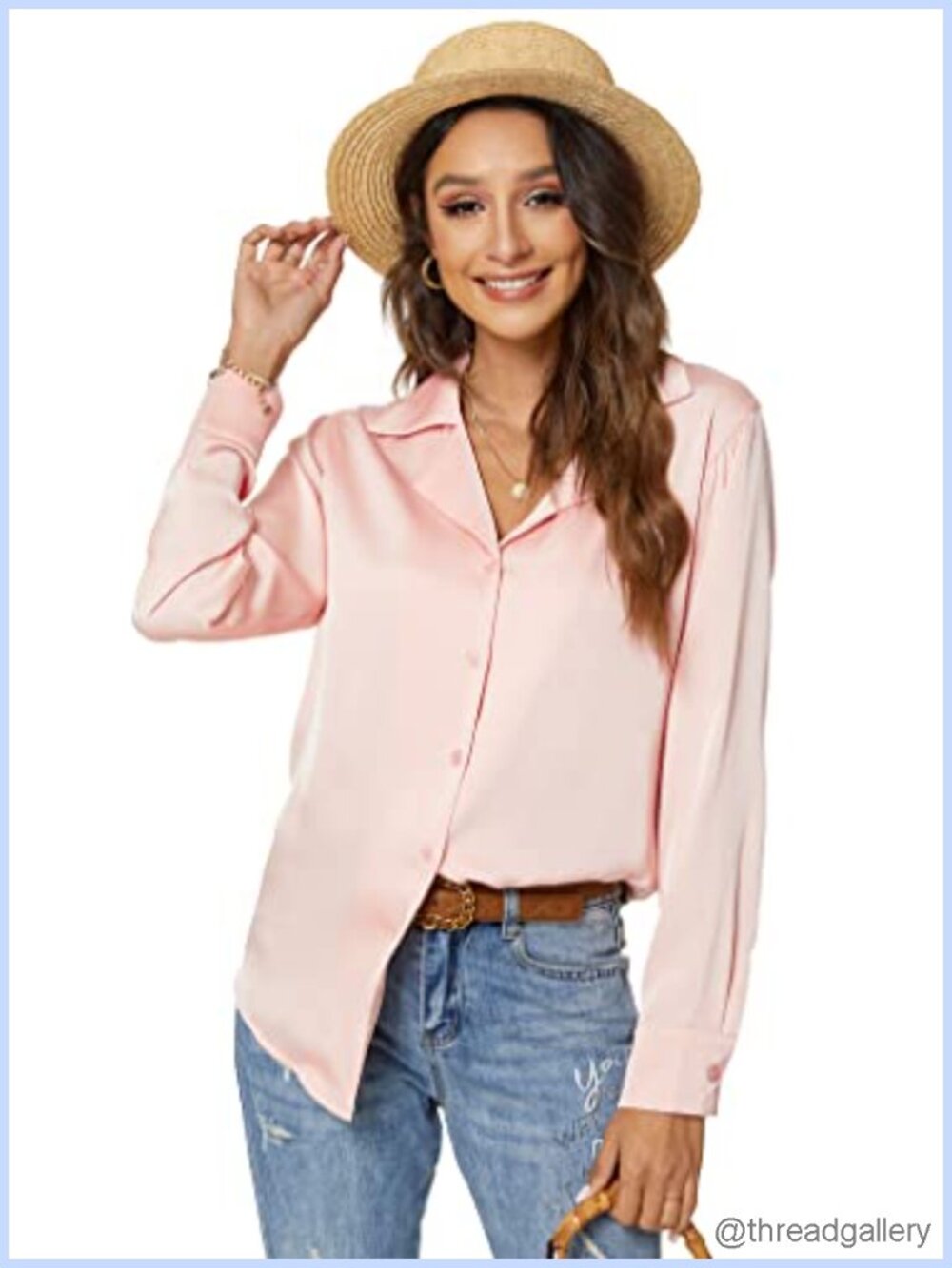 Satin Silk Button Down Shirt Long Sleeve V-Neck Blouse